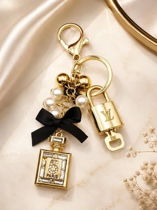 LV Authentic Gold Lock & Key 🔑 Luxury Bag Charm w/ Unbranded N5Bottle Keychain
