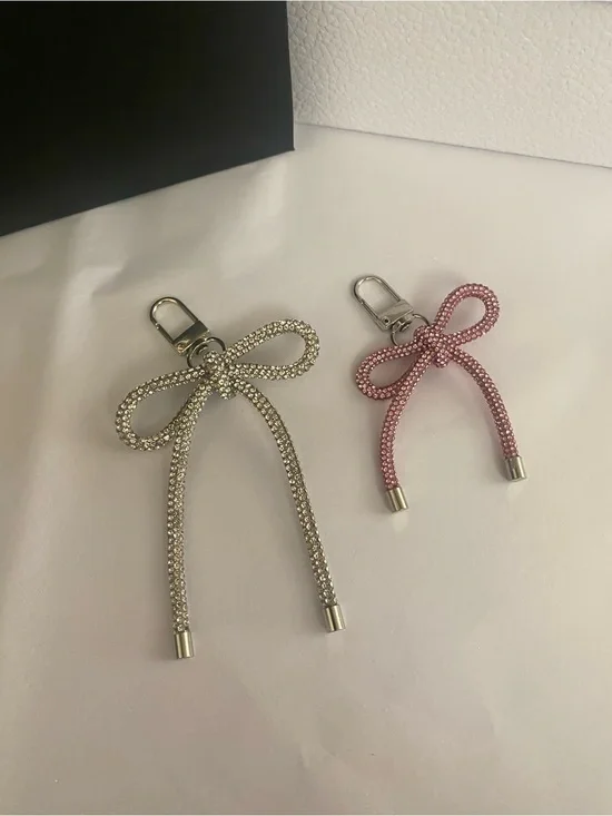 Crystal Bow Keychain Charm Clips - Pink and Silver