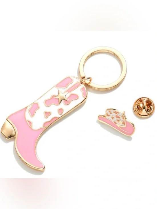 Gold Tone Enameled Pink Cowboy Boot Key Chain and Matching Cowboy Hat Pin