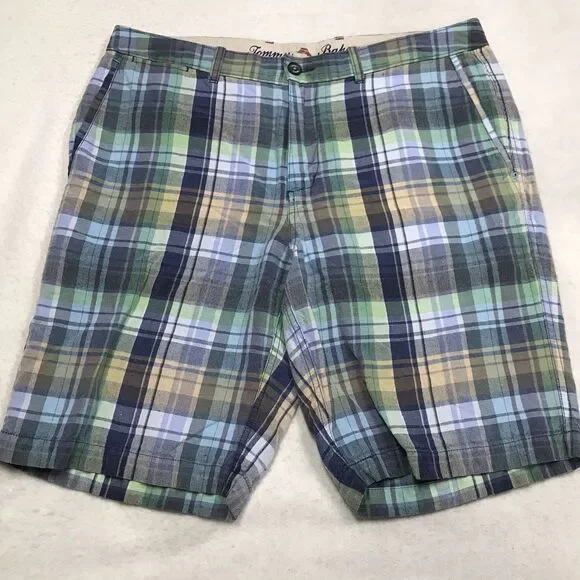 TOMMY BAHAMA Linen Blend Shorts Men 35-36 Turquoise Green Blue Plaid Beach