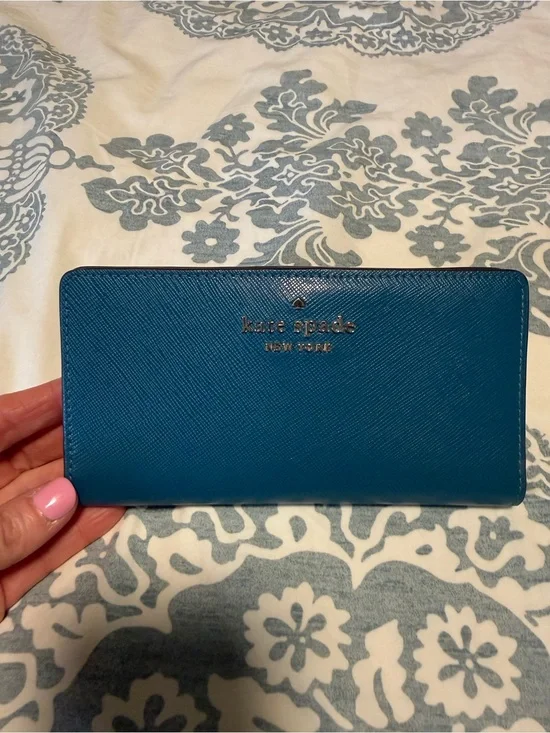 KATE SPADE Teal Saffiano Zip Card Holder Wallet