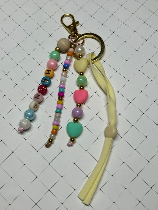 Colorful Heart Bead Keychain with Yellow Tassel