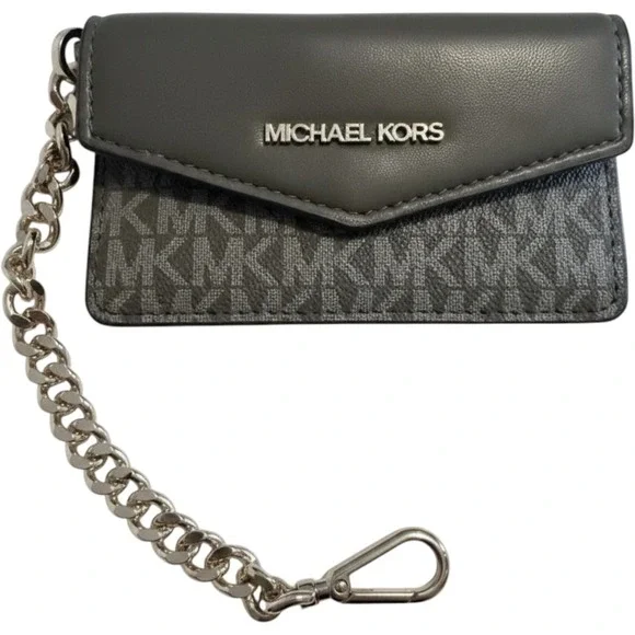 Michael Kors Grey Monogram Card Holder Envelope Wallet with Silver Chain Link