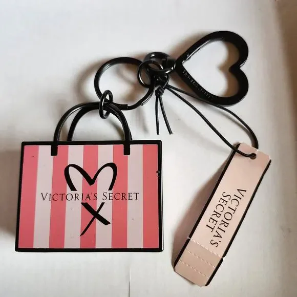 Victorias Secret Shopping Bag Keychain VS Signature Pinstripe Metal Keyring New