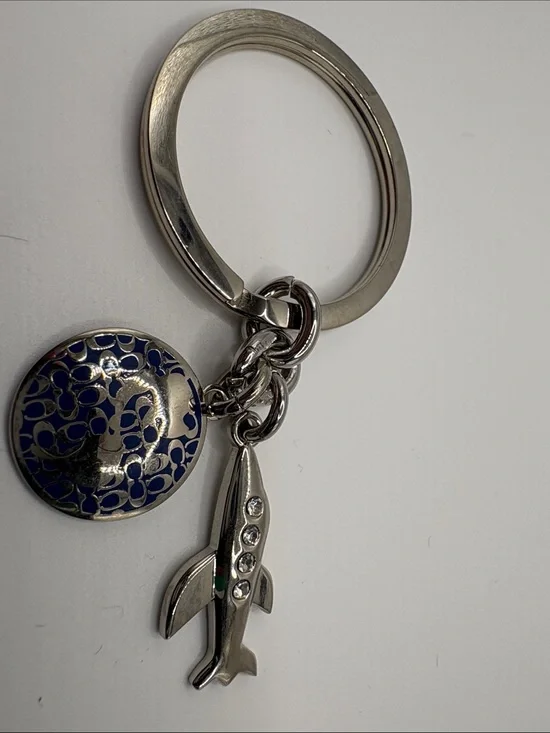 Coach Silver Airplane Keychain with Navy Enamel Glob Charm