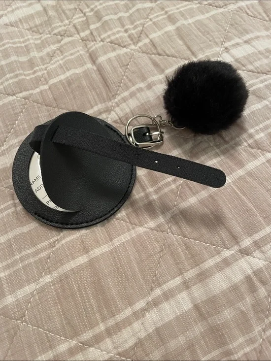 Black Faux-Fur Pom Pom Keychain with Luggage ID Tag