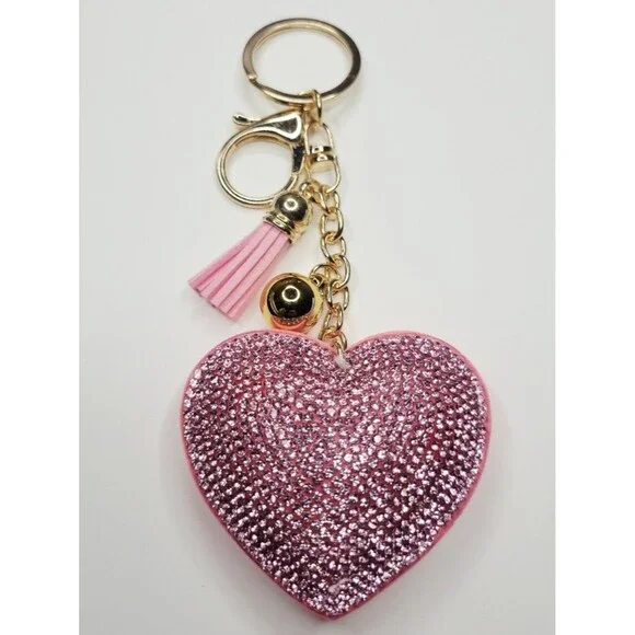 NWT Big Pink And Gold Puffy Heart Keychain With Tassel Bag Charm That Sparkles