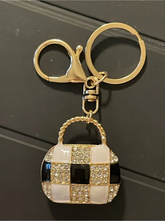 Gold-tone Black & White Check Purse  Charm