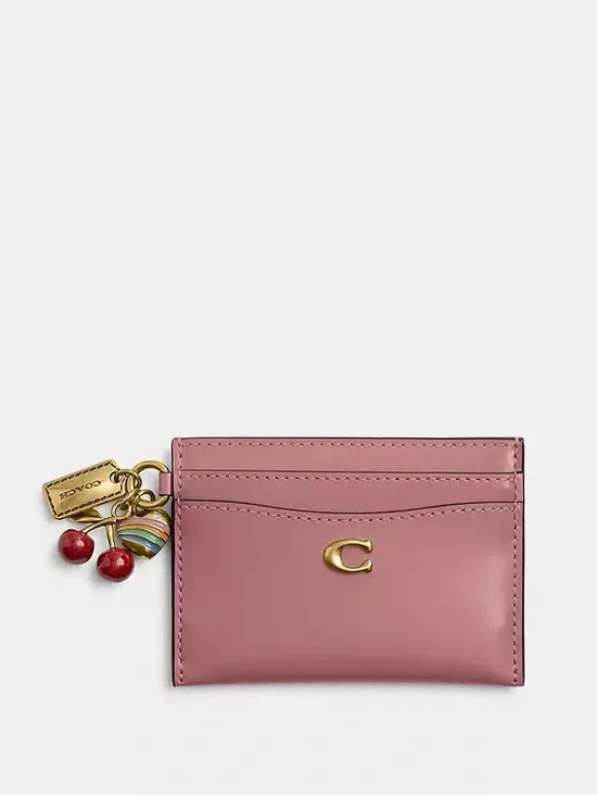NEW Coach Peony Pink Brass Leather Essential Card Case With Charms