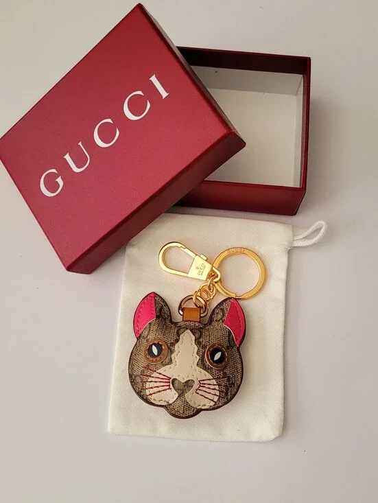 🇮🇹 Gucci Brown & Pink✨️ Cat Face Keyring✨️ with Gold Hardware🇮🇹