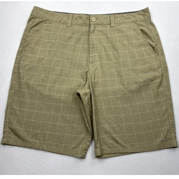 ONeill Hybrid Shorts Mens 36 Khaki Windowpane Grid Check Walk Board Shorts Swim
