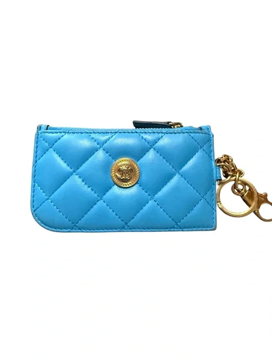 Versace Turquoise Quilted Leather Key & Card Holder with Gold Medallion W/COA