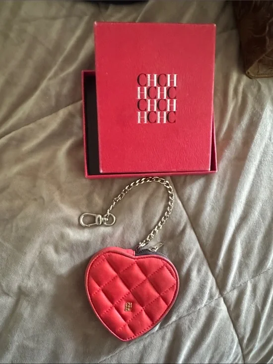Carolina Herrera Quilted Red Heart Coin Pouch Keychain
