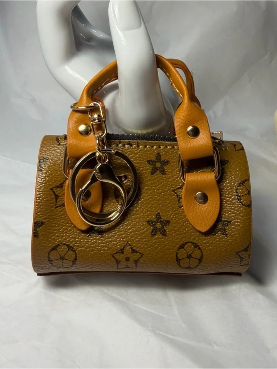 Stylish Tan Mini Top-Handle Bag Keychain/ Bag Charm with Gold Hardware