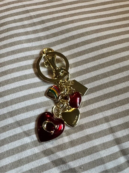 Coach Gold-Tone Red Heart Charm Keychain with Rainbow Accent