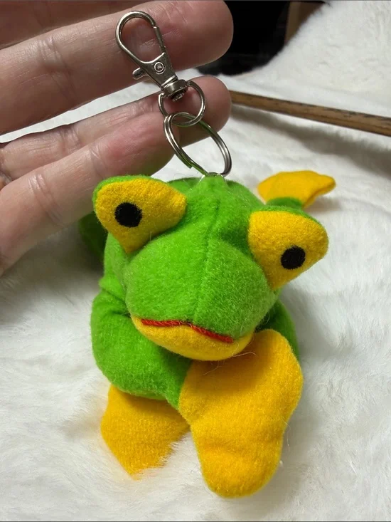 Green & Yellow Plush Frog Keychain  clip Accessory