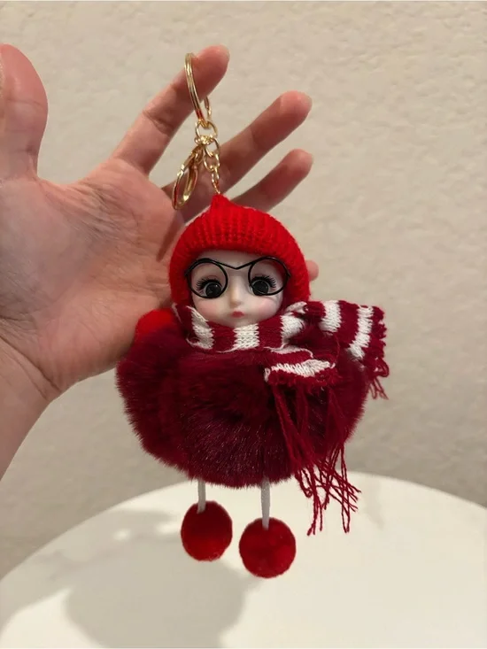 Red Pom Doll Bag Charm Keychain with Scarf NWT