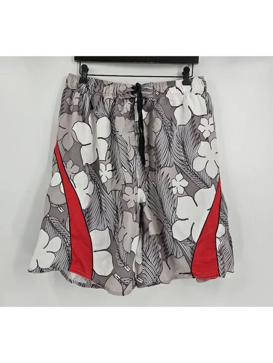 Wave Zone Men's XL Floral Swim Trunks Board Shorts Gray Red Hawaiian Beach