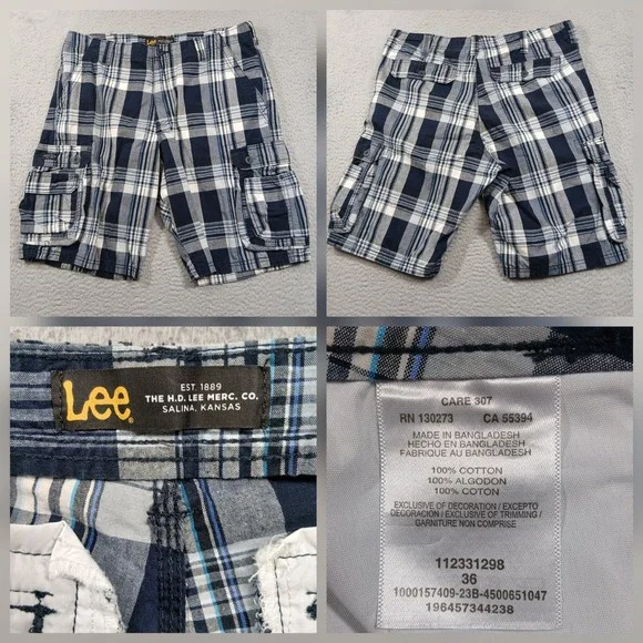 Lee Cargo Shorts‎ Men's 36 Blue White Plaid 100% Cotton Utility