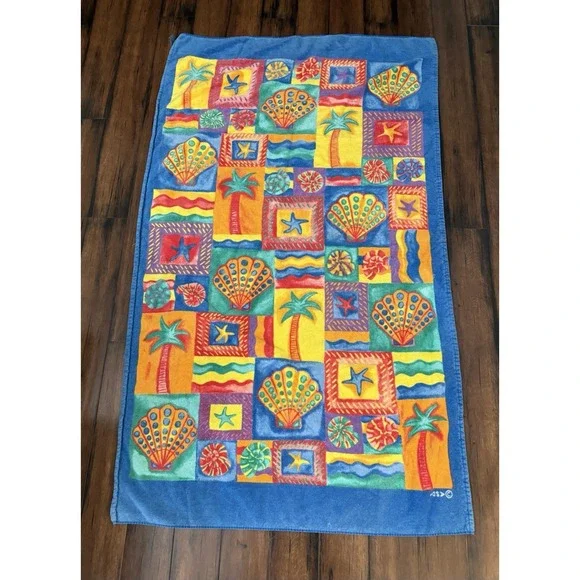 VTG Colorful Terrisol Shell Palm Tree Cotton Tropical Beach Towel 38x64