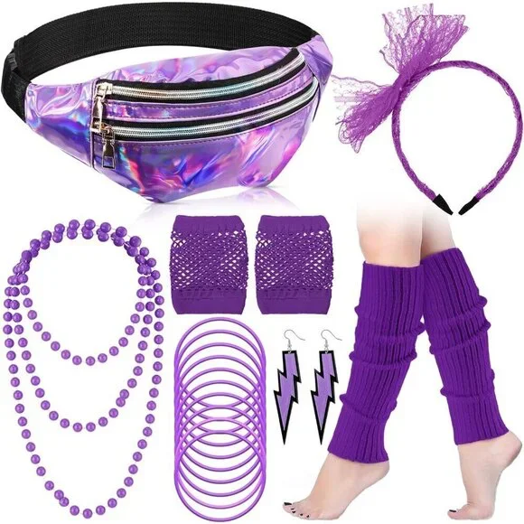 80s Costume Accessories Set Fanny Pack Leg Warmers Earrings Gloves Necklace