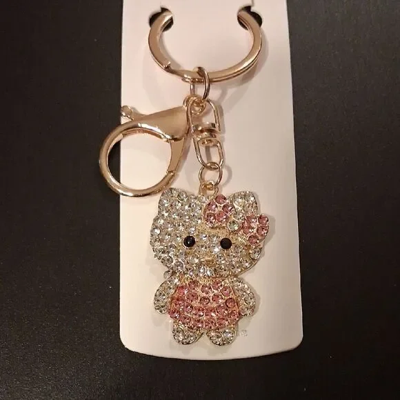Hello Kitty Pink And White Rhinestone Keychain With Gold Hardware New In Package