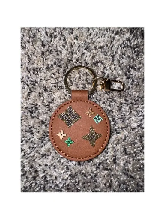 Handmade AirTag Holder Keychain Brown Monogram Style Vegan Leather