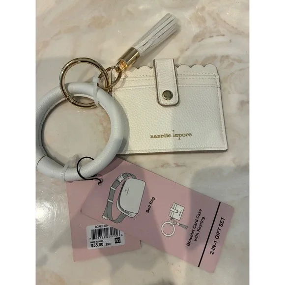 Nanette Lepore Card Holder Wristlet key chain cream New