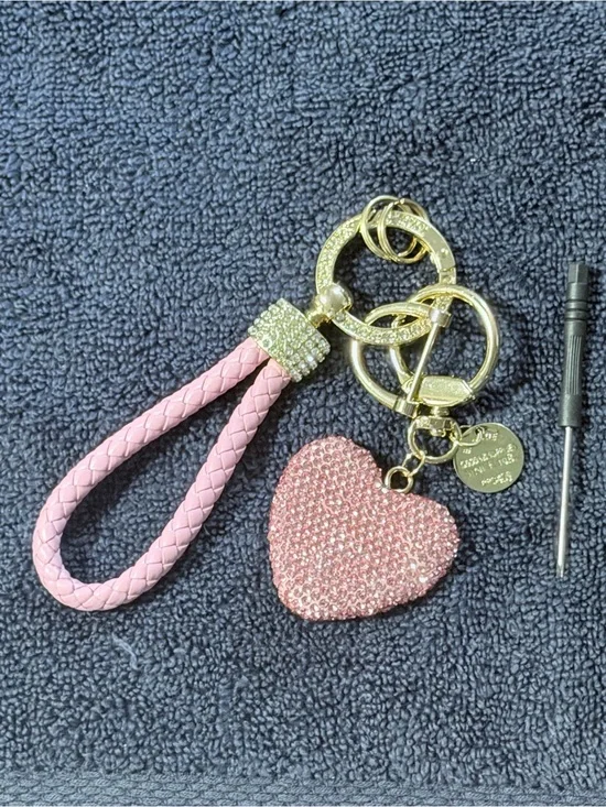 Pink Crystal Heart Keychain Wristlet with Gold Hardware