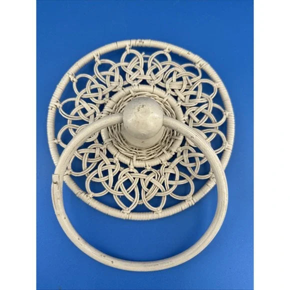 Vintage Rattan Ivory Wicker Towel Holder Boho MCM Beach Shabby Eclectic