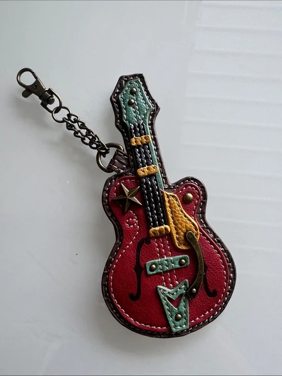 Chala Red Guitar Keychain with Teal and Gold Accents