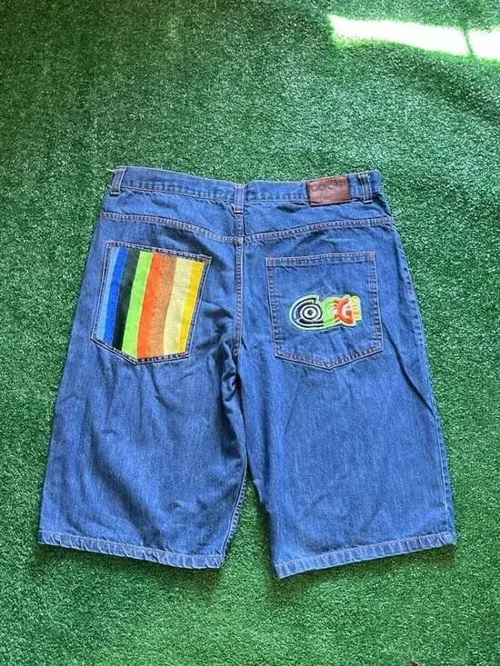 Vintage COOGI Baggy Denim Jorts Size W40 Rainbow Knit Pocket Embroidered