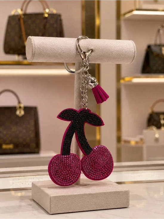 Cherry bag charm or key chain with bling and tassel & silver hardware
