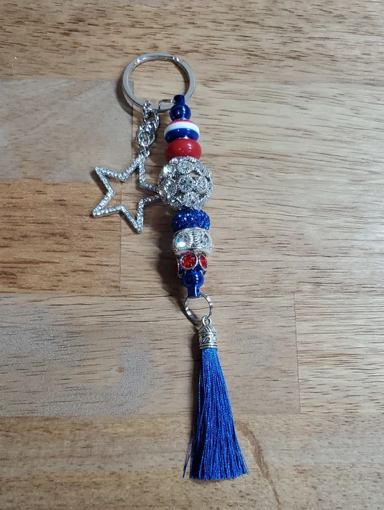 Blue & Red Beaded Tassel Keychain with Star Charm