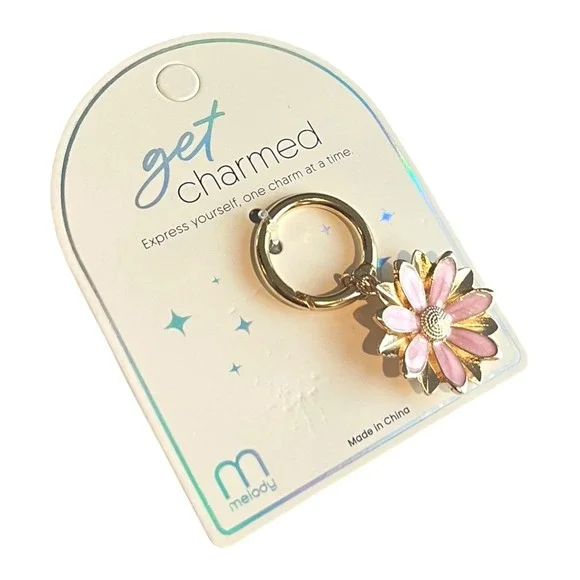 melody Women's Gold Pink Floral Daisy Key Chain Ring Charm Metal Enamel