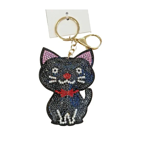 Black Cat Rhinestone Bling Faux Suede Stuffed Key Chain Charm Cat Lover Gift NEW