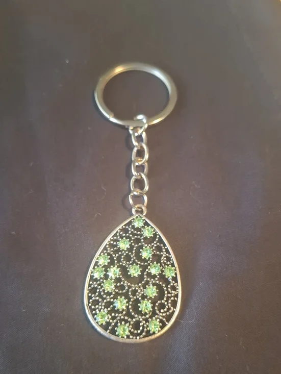 Silver Teardrop Keychain with Green Stones