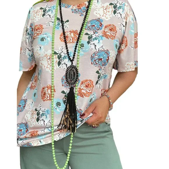 Neutral Western Floral Short Sleeve Top