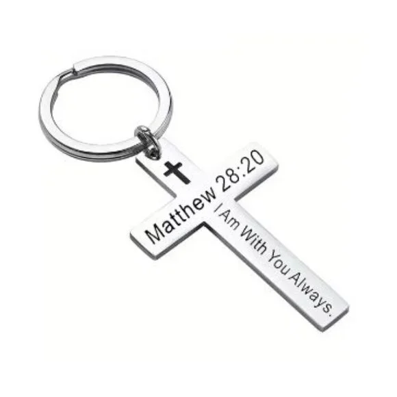 Matthew 28.20 Silver Cross Keychain - NEW