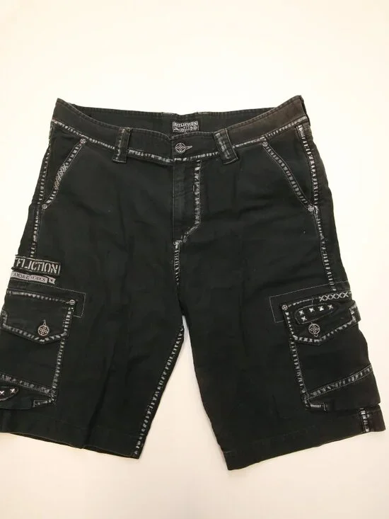 Affliction Faded Black Cargo Studded Shorts Mens 36 Heavy Canvas Y2K READ FADES