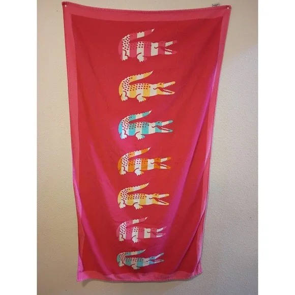 Lacoste Pink Cotton Beach Towel Multi Color Striped Crocodile Logo Print Large