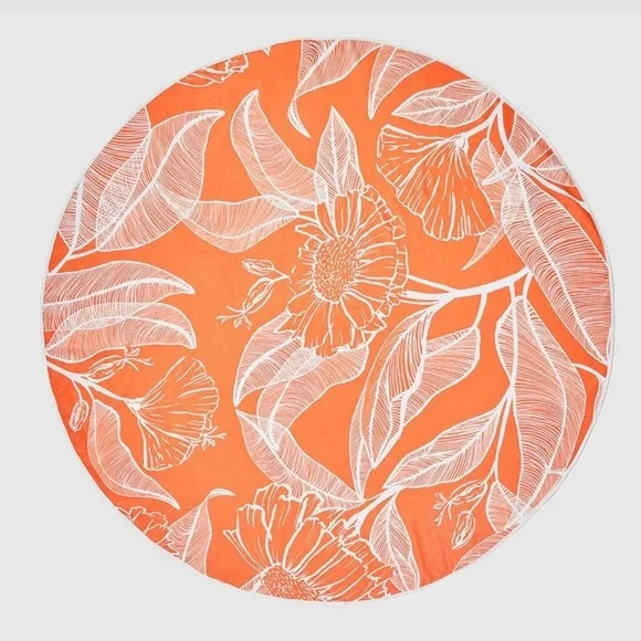 SUMMER & ROSE Outdoor Terry Roundie Blanket Floral Orange White Soft Beach Towel