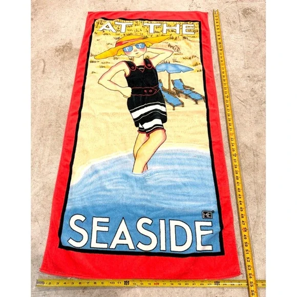 Vintage Mary Engelbreit At The Seaside Beach Towel 100% Cotton Red 54x27 Summer