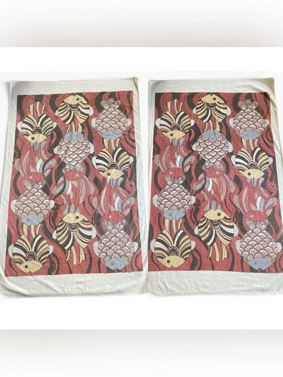 Set 2 Vintage Hilasal Koi Fish Print Cotton Beach Towels XL 46 1/2”x 68”