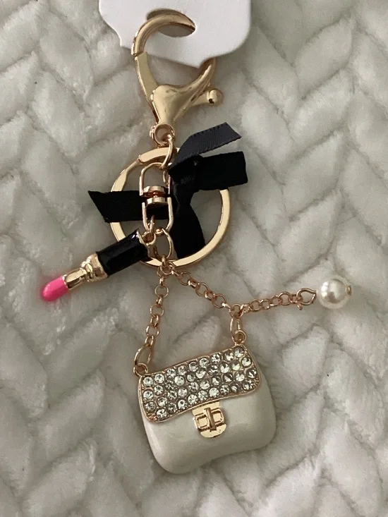 Gold-Tone Pearl & Rhinestone Mini Purse Keychain with Pink Lipstick Charm