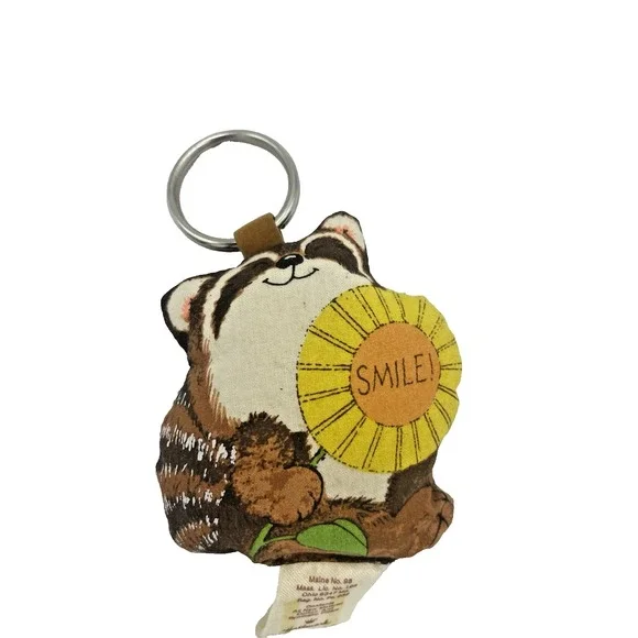 New Vintage 1970s‎  Hallmark Keychain Key Chain Fabric Smile Raccoon
