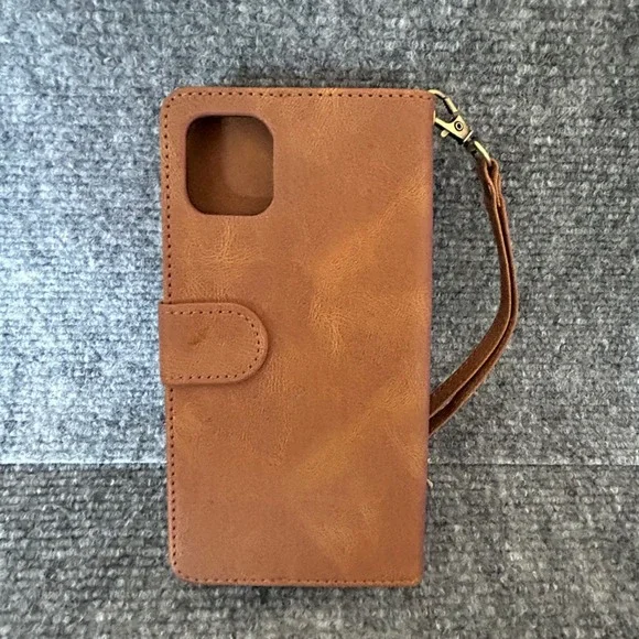 Brown Faux Leather Wallet Phone Case for iPhone 11 with Zipper Pocket Wristlet