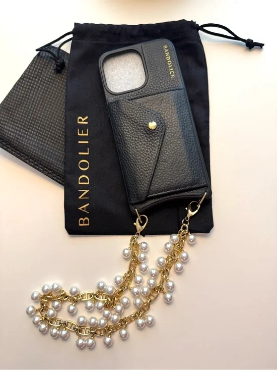 Bandolier iPhone 15 pro max Emelia case and long pearl wristlet