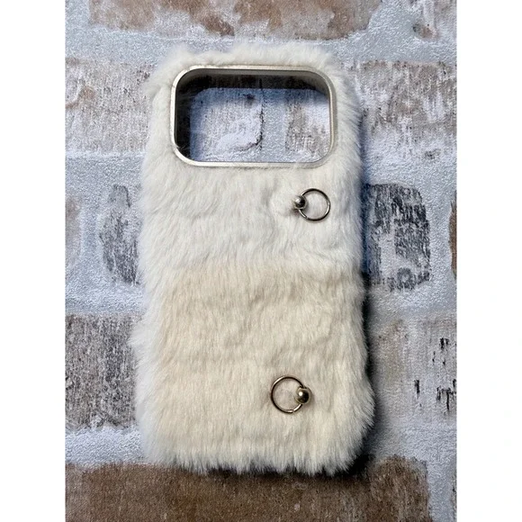 Heyday iPhone 17 Pro Case Faux Fur Cream White Gold Ring Hardware‎ Fuzzy Cover