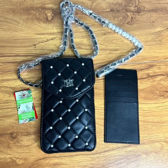 Badgley Mischka Crossbody Phone Case Black Pearl Quilted Vegan Leather NWT